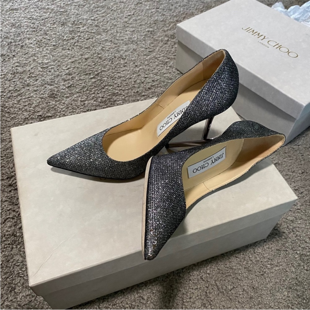 Jimmy Choo Anouk Lame Glitter Anthracite Heels (Fits US 5/5.5)